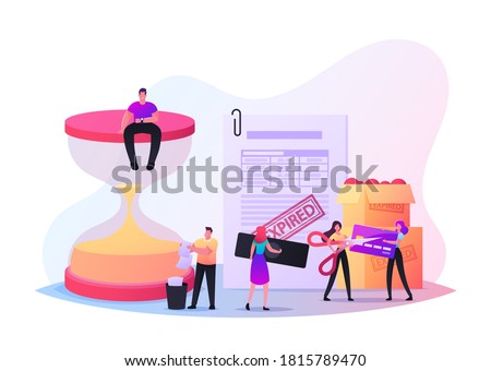 Expiration Concept with Tiny Male and Female Characters at Huge Hourglass, Boxes with Spoiled Food. Woman Cutting Expired Credit Card with Scissors. Time is Up. Cartoon People Vector Illustration