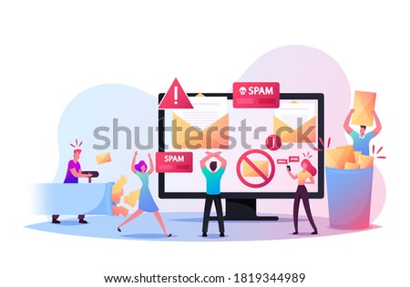 Tiny Characters at Huge Computer with Spam Email Warning Window Appear on Screen. Concept of Virus, Piracy, Hacking and Security, E-mail Protection, Anti-malware. Cartoon People Vector Illustration