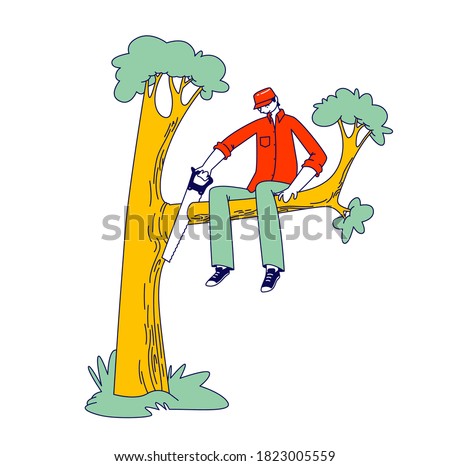 Stupid Male Character Sawing Off the Tree Branch He is Sitting on. Man Idiot or Fool Harm to himself, Making Great Mistake. Human Stupidity, Foolishness Concept. Linear Vector Illustration ストックフォト © 
