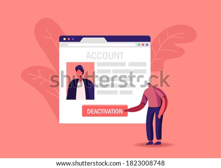 Male Character Push Deactivation Button Delete Social Account. Tiny Man at Huge Network Web Page Deleting Online Private Information in Internet, Cancellation Concept. Cartoon Vector Illustration