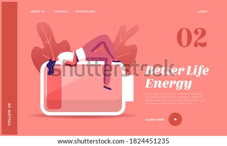 Heavy Work Landing Page Template. Tired or Haggard Businesswoman Character Lying on Huge Battery with Low Red Charging Level. Overload Employee Working from the Last Force. Cartoon Vector Illustration