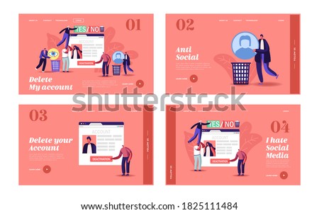 Social Account Deactivation Landing Page Template Set. Tiny Characters at Huge Social Network Web Page Deleting Private Information Throw Avatar in Litter Bin. Cartoon People Vector Illustration