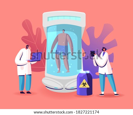 Cryonics Technology, Cryoconservation Scientific Investigation Concept. Scientists Characters Stand at Capsule with Frozen Human Body, Cloning, Medical Progress. Cartoon People Vector Illustration