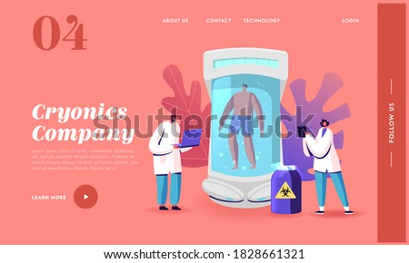 Cryonics Technology, Cryoconservation Scientific Investigation Landing Page Template. Scientists Characters Stand at Capsule with Frozen Human Body, Medical Cloning. Cartoon People Vector Illustration