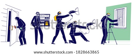 Set of Special Agents Male and Female Characters Spying, Spraying Poison on Door Handle, Using Technics and Equipment for Secret Surveillance. Fbi Service, Spy Job. Linear People Vector Illustration