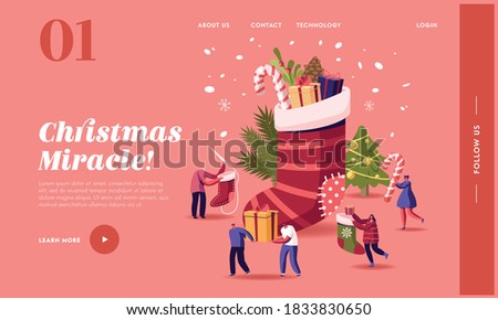 Happy Characters Celebrating Christmas Party Landing Page Template. People at Huge Sock with Gifts and Decorated Fir Tree with Garlands and Confetti, New Year Bash Event. Cartoon Vector Illustration