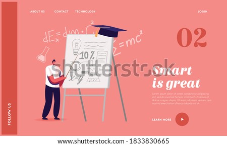 School Presentation Landing Page Template. Tiny Student Male Character Presenting Course Work or Diploma Project at Huge Whiteboard with Formula Calculations. Cartoon People Vector Illustration