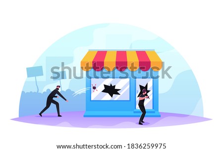 Masked Looters Breaking Store Showcase, Aggressive Masked Male Characters Looting, Damage Equipment, Throw Stones in Shop Window. Political Conflict, Violence Riots. Cartoon People Vector Illustration