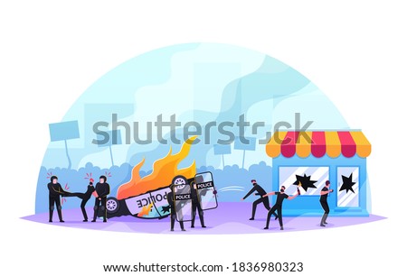 Violence Riots, Looting Concept. Aggressive Masked Anarchists Male Characters Breaking Store Showcase, Fighting with Police Forces, Damage, Political Conflict. Cartoon People Vector Illustration