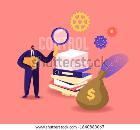 Business Maturity Concept. Tiny Businessman Male Character Holding Huge Magnifying Glass Holding Documents Folder in Hands near Money Sack and Pile of Papers and Folders. Cartoon Vector Illustration