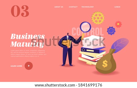Business Maturity Landing Page Template. Tiny Businessman Male Character Holding Huge Magnifying Glass Hold Folder in Hands near Money Sack and Pile of Papers and Folders. Cartoon Vector Illustration