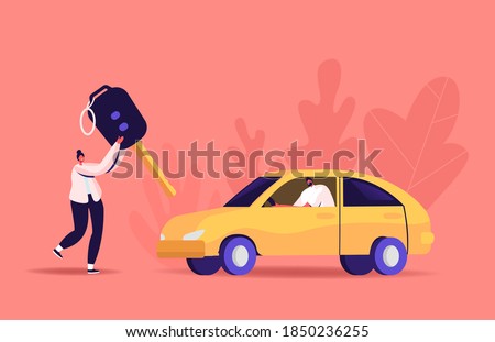 Driver License Concept. Tiny Woman Carry Huge Key, Man Sit in Automobile. Characters Studying in School Learning Drive Car, Passing Exam and Get Permission for Auto Owning. Cartoon Vector Illustration 商業照片 © 