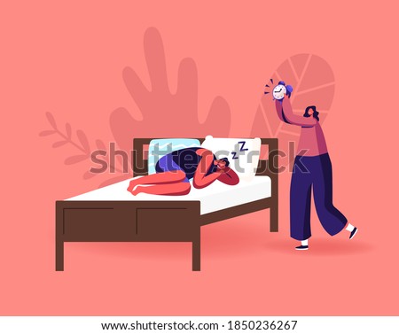 Night Rest, Dream and Bedding Time Concept. Man Wearing Pajama Sleep on Bed Ignoring Alarm Clock. Male Character Sleeping in Relaxed Posture, Woman Wake him Up. Cartoon People Vector Illustration