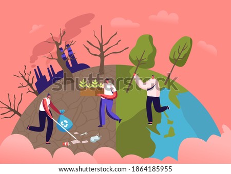 Male Characters Planting Seedlings and Trees into Soil in Garden, Remove Garbage. Save World, Reforestation, Revegetation. Nature, Environment and Ecology Concept. Cartoon People Vector Illustration