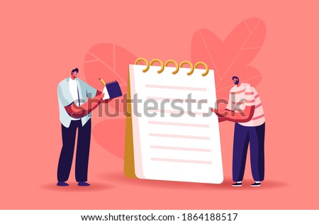 Tiny Male Characters Writing with Pen on Huge Notebook with Lined Pages and Spiral. Notes or Messages, Student Studying, Journalist and Author Occupation Concept. Cartoon People Vector Illustration