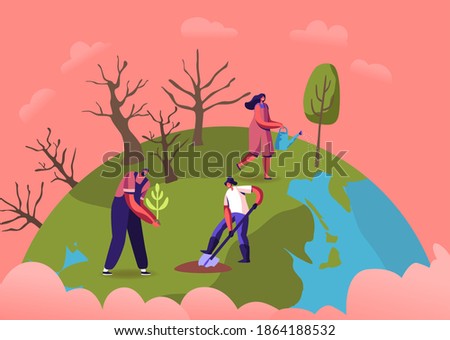 Revegetation, Forest Restoration, Reforestation and Planting Trees Concept. Volunteer Characters Care of Green Plants Watering , Save Nature, Environment Protection. Cartoon People Vector Illustration