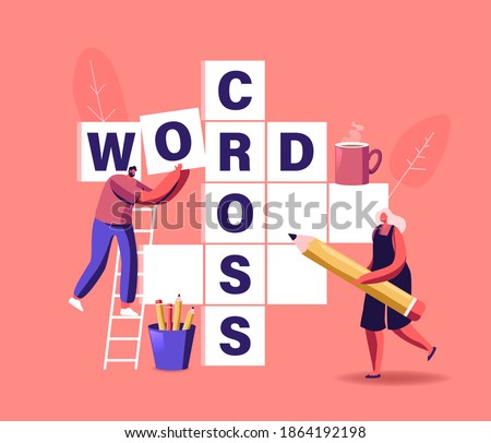 Spare Time, Brain Training, Puzzle Solving Concept. Tiny Characters Solve Huge Crossword Filling Empty Boxes with Letters. People Have Fun Thinking on Riddle, Logic Game. Cartoon Vector Illustration