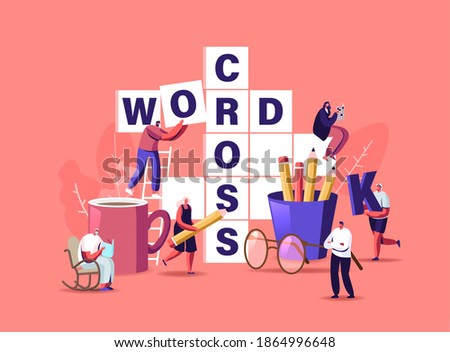 Tiny Characters with Pencil or Glasses Solve Huge Crossword. Spare Time Recreation, Brain Training, Puzzle Solving Concept. People Have Fun Thinking on Riddle, Logic Game. Cartoon Vector Illustration