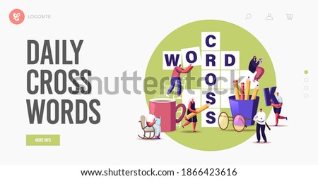 Brain Training, Puzzle Solving Landing Page Template. Tiny Characters Solve Huge Crossword. Spare Time Recreation, People Have Fun Thinking on Riddle, Logic Game. Cartoon Vector Illustration