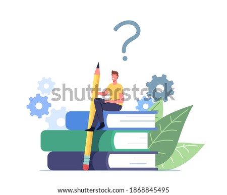 Tiny Male Character with Huge Pencil Sit on Guidance Booklet or Guided Textbook. User Manual Tutorial Concept. User Reading Guidebook and Writing Technical Instructions. Cartoon Vector Illustration