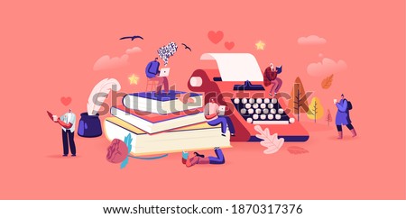 People Enjoying Reading Literature and Writing Poetry or Prose Concept. Tiny Characters at Huge Books Read Classic Verses, Poems. Ink Feather Usage, Romantic Mood. Cartoon People Vector Illustration
