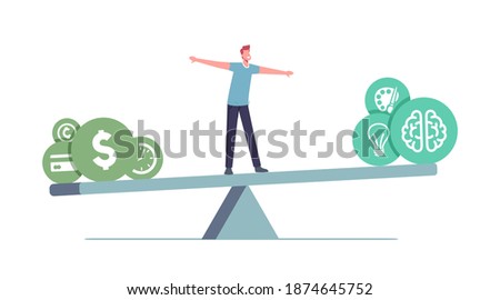 Balance at Work Concept. Tiny Male Character Balancing on Huge Seesaw with Different Values Time, Money, Finance Freedom, Hobby or Self Development, Education. Cartoon People Vector Illustration