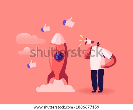 Business Male Character Yelling to Megaphone Launch Rocket Take Off. Young Man Presenting Start Up Project. Businessman Successful Portfolio, Deal or Contract Signing. Cartoon Vector Illustration