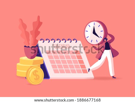 Pay Check, Salary or Payroll Concept. Tiny Businesswoman Character with Clock in Hands Stand near Golden Coins Piles and Huge Calendar Rejoice for Money Payment Earning, Cartoon Vector Illustration