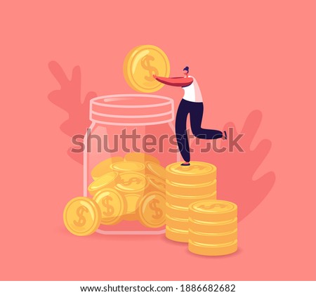 Tiny Female Character Collect Golden Coins into Huge Glass Jar. Woman Make Savings, Collecting Money in Account, Open Bank Deposit. Family Finance Budget Economy Concept. Cartoon Vector Illustration