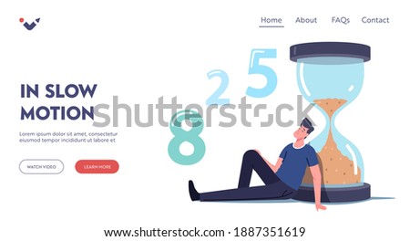 Man Waiting in Lobby Landing Page Template. Long Wait, Male Character in Hall Sit and Sleeping at Huge Hourglass. Appointment in Clinic or Office, Airport Departure Delay. Cartoon Vector Illustration Imagine de stoc © 