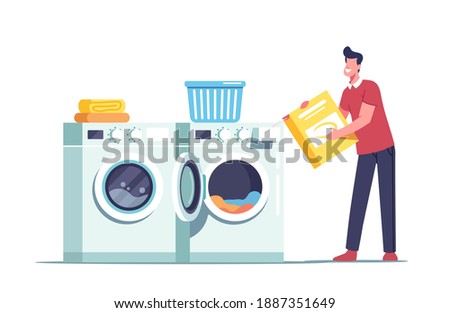 Male a Character in Public Laundry or Home Bathroom Loading Dirty Clothing and Detergent Powder to Laundromat or Washing Machine. Launderette Cleaning Service, Household. Cartoon Vector Illustration