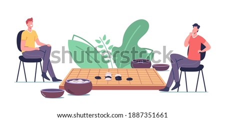Traditional Chinese Gobang Strategy Game. Male Characters Playing or Go Game Board with Typical Course and Two Wooden Bowls Filled with Black and White Stones. Cartoon People Vector Illustration