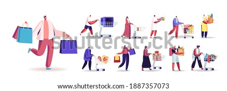 Set of People with Shopping Packages Buying Grocery, Gifts. Male and Female Characters Push Trolley, Carry Paper Bags and Carts in Supermarket Isolated on White Background. Cartoon Vector Illustration