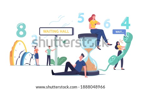 Long Wait Concept. Tired and Bored Male and Female Characters Too Long Waiting in Office Hall, Airport or Hospital Lobby. Men and Women Call Telephone, Hourglass. Cartoon People Vector Illustration