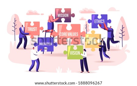 Core Values Concept. Tiny Businesspeople Characters Holding Huge Puzzle Pieces with Basic Social and Business Principles Trust, Mission, Ethic, Vision or Innovation. Cartoon People Vector Illustration