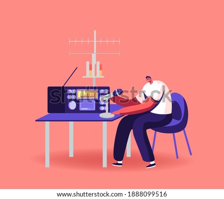 Character Work on Radio Concept. Male Radio Dj Amateur Character Speak to Microphone Broadcasting Program on Air and Communicate with Listeners, Social Media Communication. Cartoon Vector Illustration