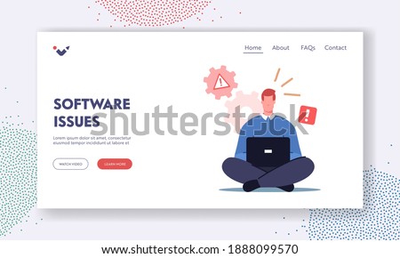 Professional Technical Help, Client Support, Software Bug Landing Page Template. Male Character Office Worker Sit with Laptop See System Error Notification on Pc Monitor. Cartoon Vector Illustration
