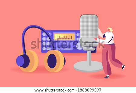 Tiny Female Character with Huge Microphone or Headset near Radio Transmitter Broadcast Podcast or Audioprogram Livestream, Amateur Entertainment Online Broadcasting Studio. Cartoon Vector Illustration