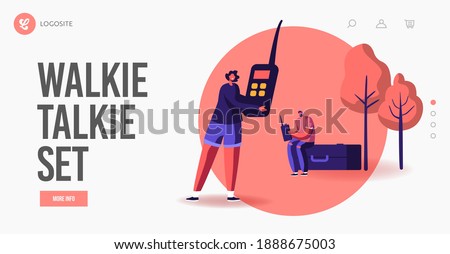 People Playing Use Radio Technologies Landing Page Template. Radio Amateurs Characters Communicate with Portable Walkie Talkie Having Fun Speaking to Each Other Outdoors. Cartoon Vector Illustration