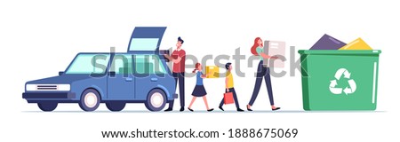 Overconsumption Concept. Family Male and Female Characters with Children Loading Goods from Car to Litter Bin Full of Useless Things. People Throw Garbage for Recycling. Cartoon Vector Illustration