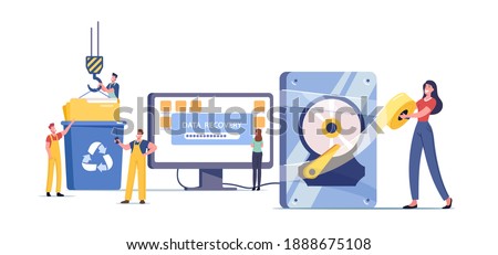 Data Recovery Service, Backup and Protection, Hardware Repair Concept. Tiny Male and Female Characters in Worker Uniform at Huge Broken Pc, Crane and Litter Bin. Cartoon People Vector Illustration