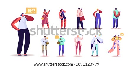 Set of People Using Smartphones. Male and Female Characters Communicate with Mobile Phones, Calling to Friends, Chatting and Messaging in Web Isolated on White Background. Cartoon Vector Illustration