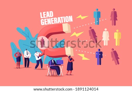 Lead Generation Concept. Tiny Businessman Character Attracting Clients with Huge Magnet Attracting New Leads and Generating Income with Inbound Marketing Technology. Cartoon People Vector Illustration
