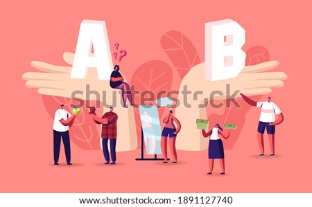 People Make Important Decision. Tiny Male and Female Characters at Huge Hands with A and B Comparison, Choice, Pros and Cons Concept. Choose Advantages and Disadvantages. Cartoon Vector Illustration 商業照片 © 