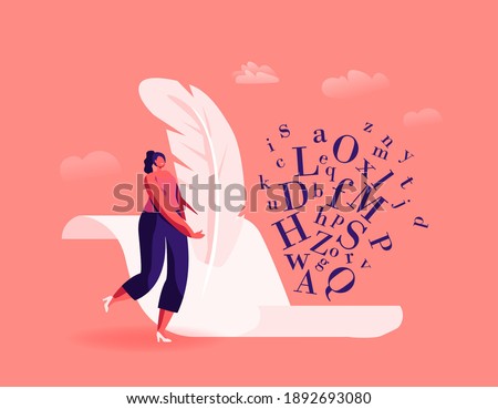 Literature and Writing Hobby, Occupation. Tiny Female Author Character with Huge Feather Pen Writing on Blank Paper Sheet, Woman Create Books, Poetry or Narration Concept. Cartoon Vector Illustration Сток-фото © 