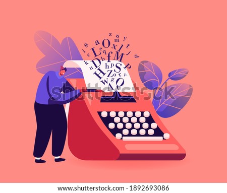 Narration Hobby, Creativity Concept. Tiny Male Character Writer or Professional Author Stand at Huge Typewriter, Man Create Books Composition, Writing Poetry or Novel. Cartoon Vector Illustration Сток-фото © 