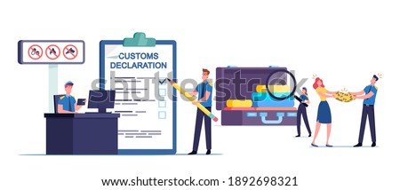 Tiny Customs Officer Characters Filling Customs Declaration and Check Passenger or Tourist Baggage Confiscate Illegal Freight and Forbidden Things, Airport Security. Cartoon People Vector Illustration