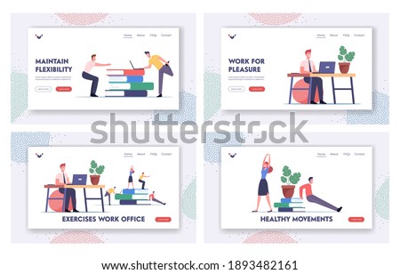 Office Workers Exercising at Workplace Landing Page Template Set. Characters Doing Workout at Work Place Squatting and Stretching Body, Arms and Legs, Health Care. Cartoon People Vector Illustration