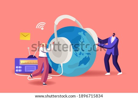 Tiny Male and Female Characters with Huge Headset near Radio Transmitter and Earth Globe Broadcast Podcast or Audioprogram Livestream, Entertainment Online Broadcasting. Cartoon Vector Illustration