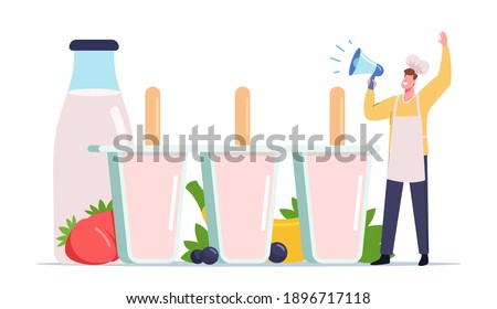 Tiny Male Character in Chef Toque Yell to Megaphone Call to Try Homemade Ice Cream made of Fresh Fruits, Berries and Yoghurt. Healthy Sweet Dessert in Molds, Popsicle. Cartoon Vector Illustration